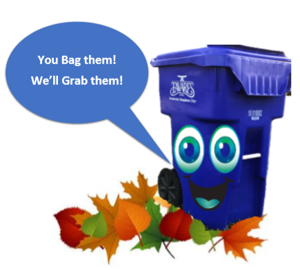 Image for Leaf pickup flyer 2019 that includes a garbage can with a face and leaves and saying You B
