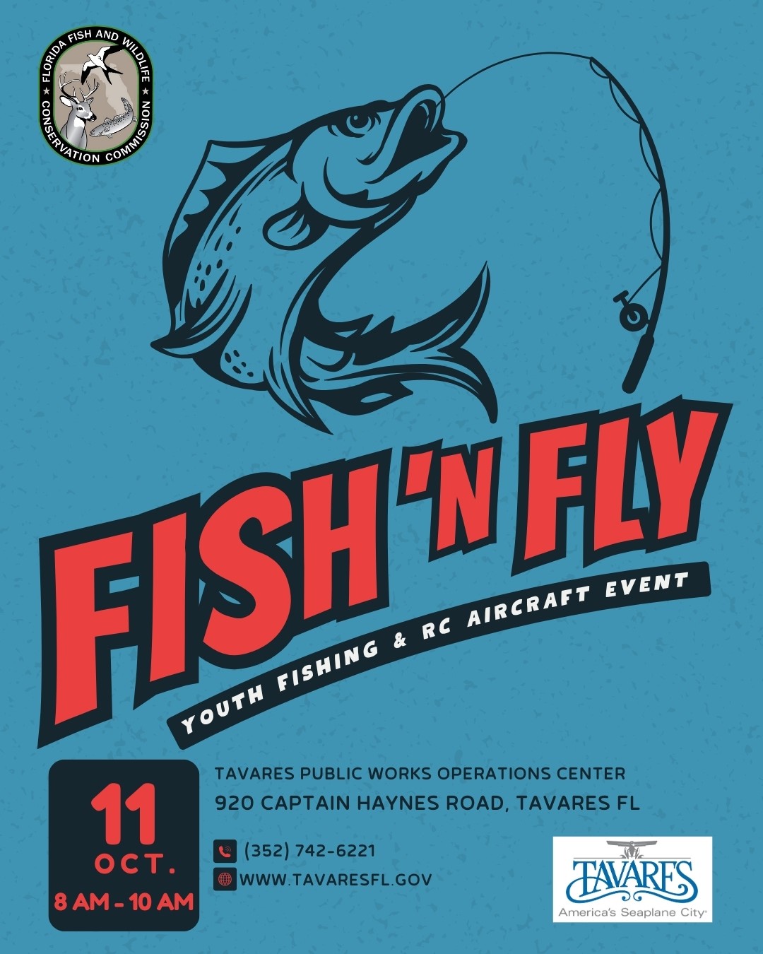 Fish 'N Fly Youth Fishing & RC Aircraft Event Flyer. Depicts a fish caught on a fishing pole.